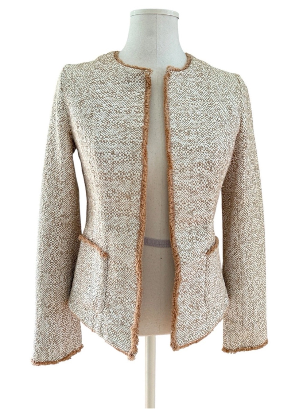 ANN MASHBURN Cream Tweed Fringed Open Front Blazer Cardigan Sz Small